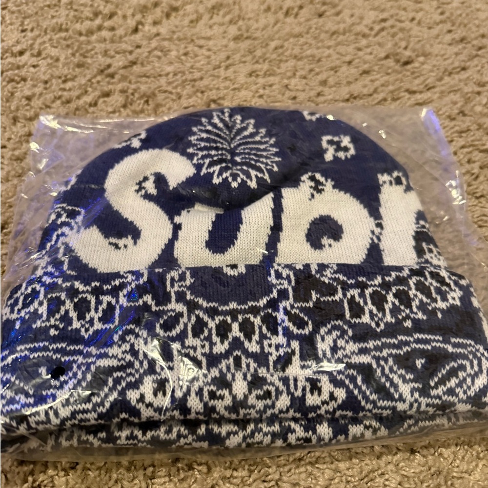 Supreme Big Logo Beanie (Navy Bandanna)